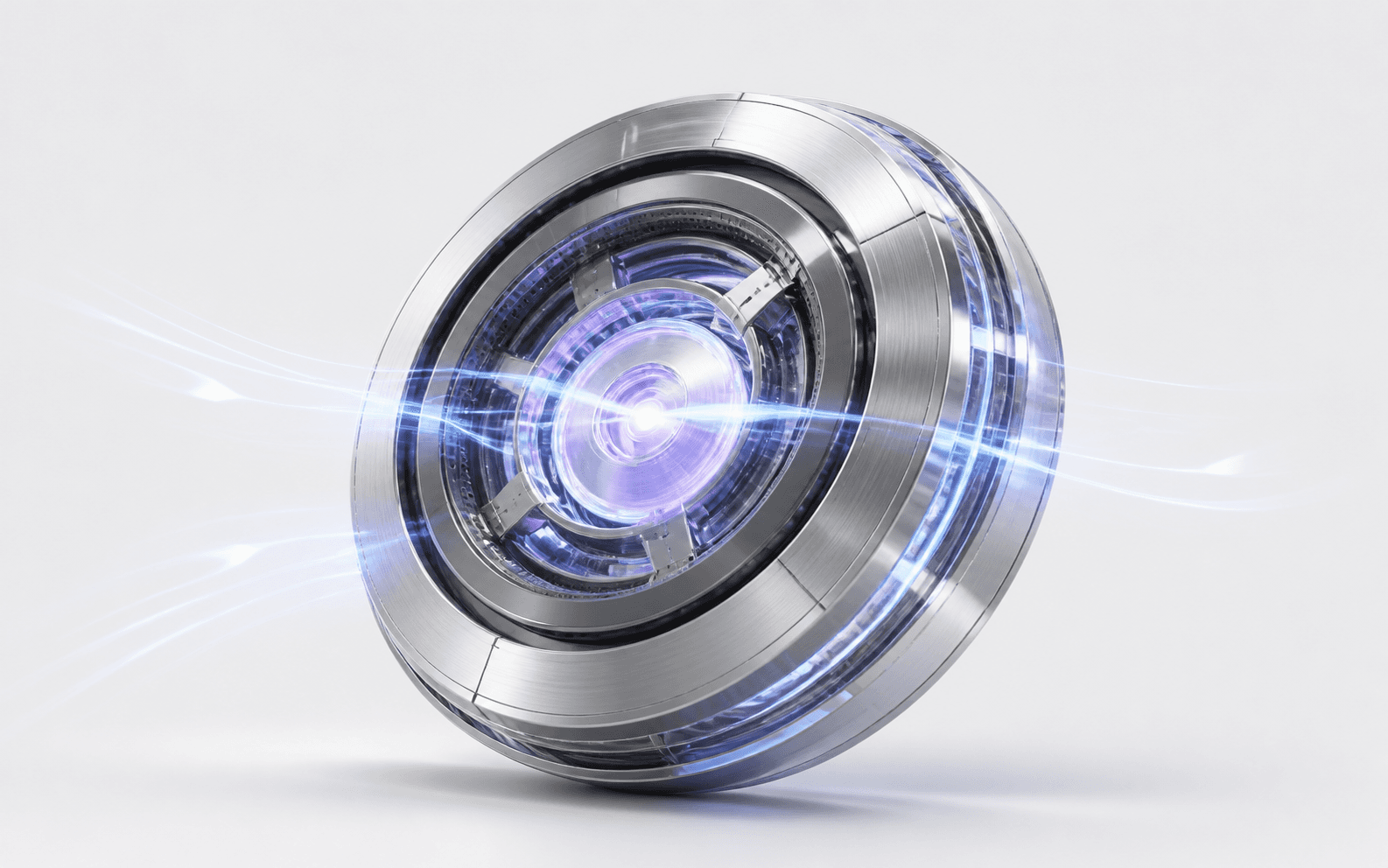 A reflective silver and glass DreamHire intelligence core illuminated in blurple